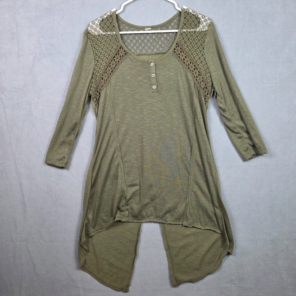 Women's Medium Olive Green Lace Crochet Split Back Boho Fairycore Tunic